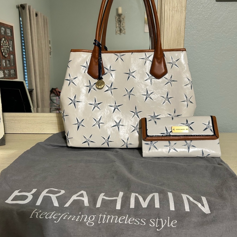 Brahmin Star Pattern Tote in White and Brown